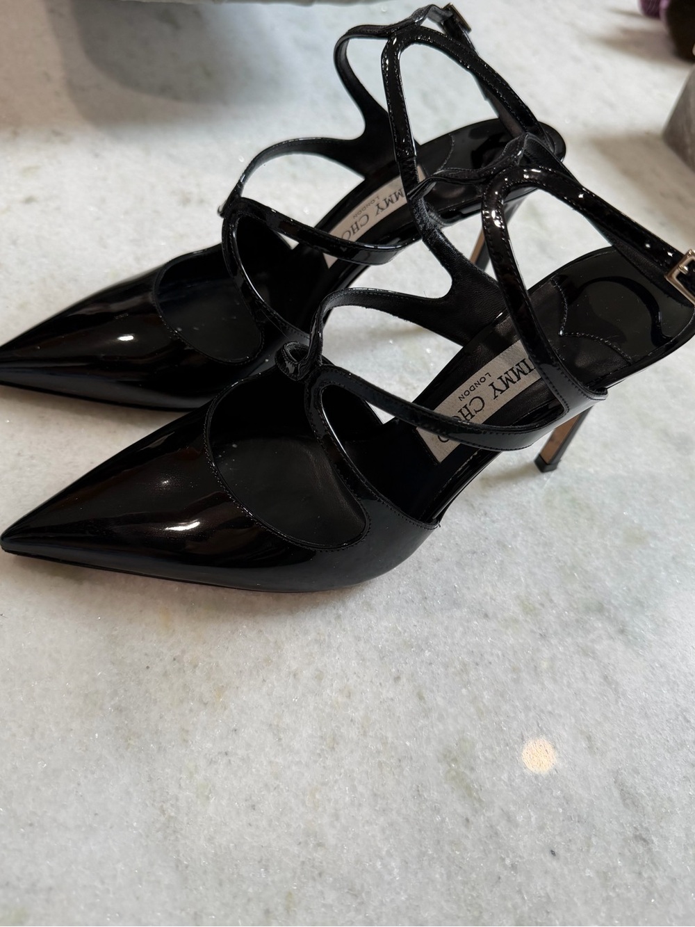 Jimmy Choo Black Patent Leather Strappy Pointed Pumps